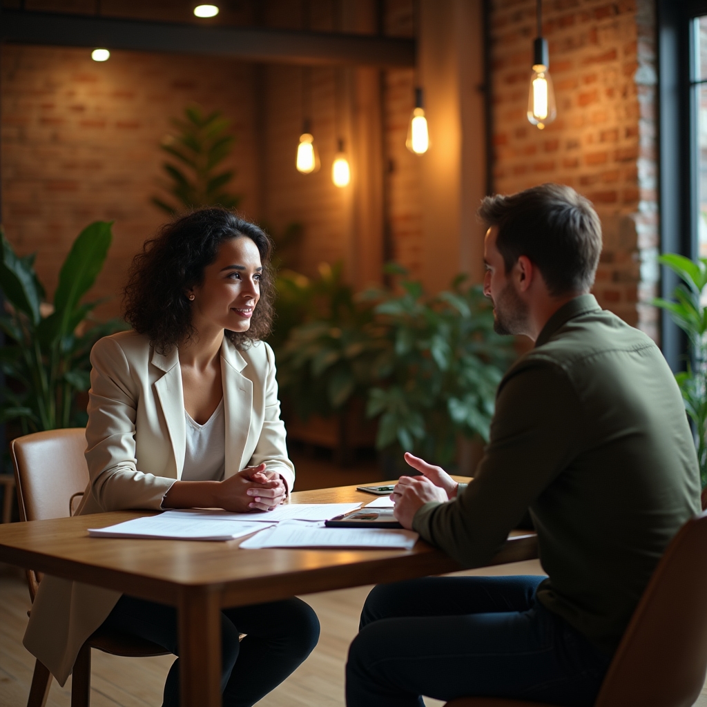 Consulting session in a modern creative studio environment with warm lighting