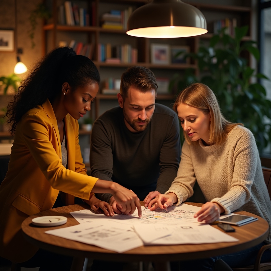 Small team of consultants collaborating around a table in a warm, modern studio space